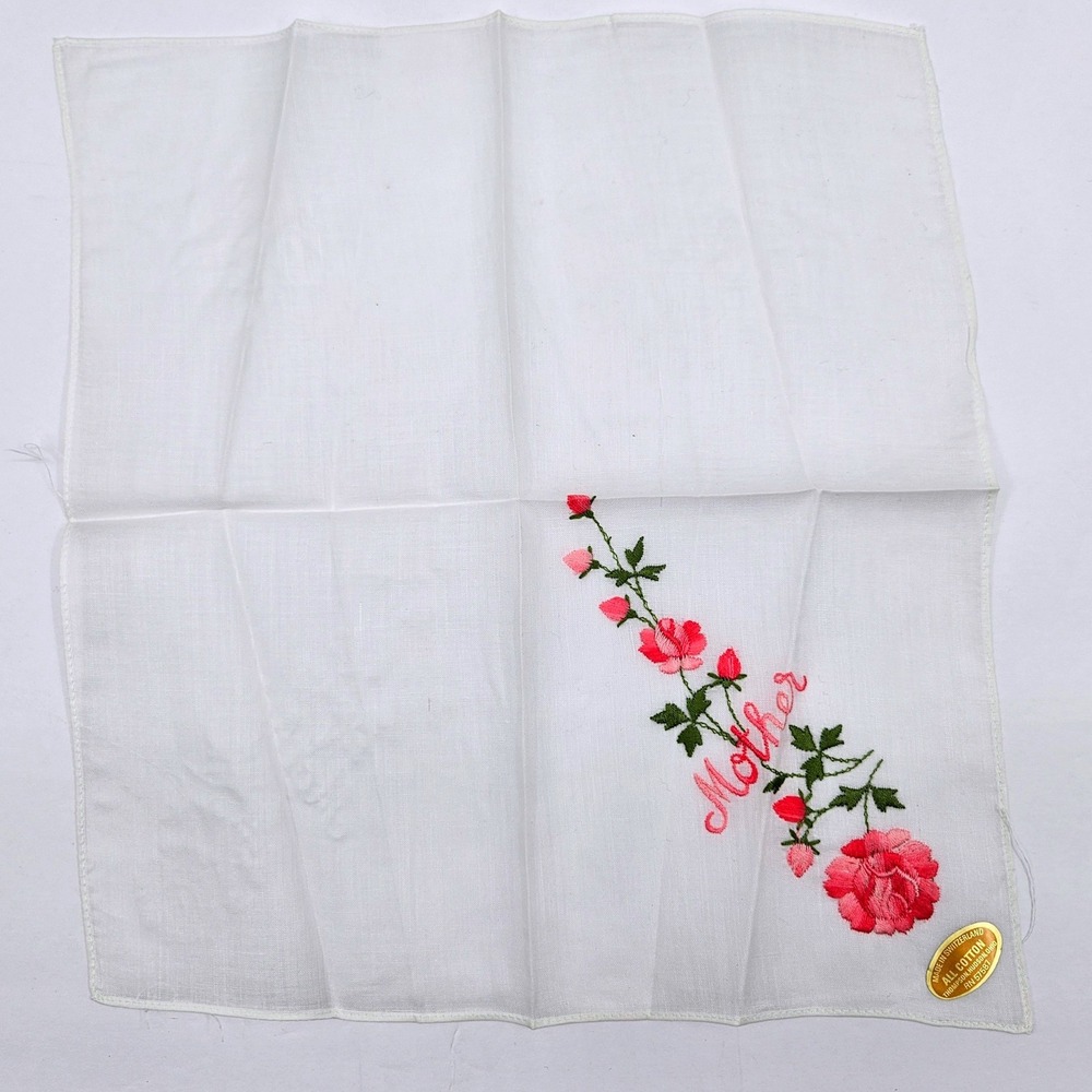 Vintage Thompson Swiss Cotton Mother Embroidered Floral Handkerchief White Pink‎